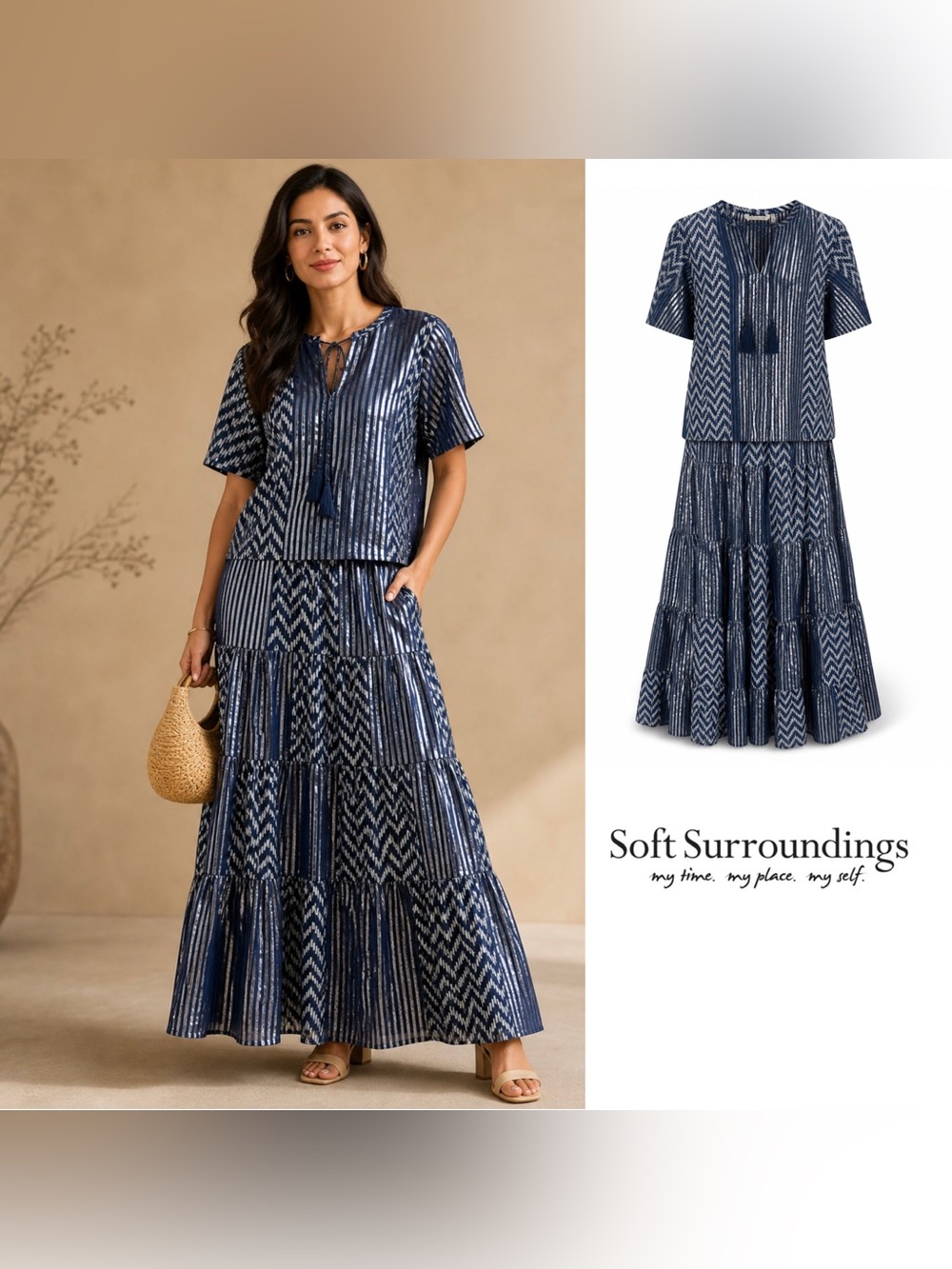 NEW Soft Surrounding Brillar Navy Patterned Foil Tiered Maxi Skirt and Top Set